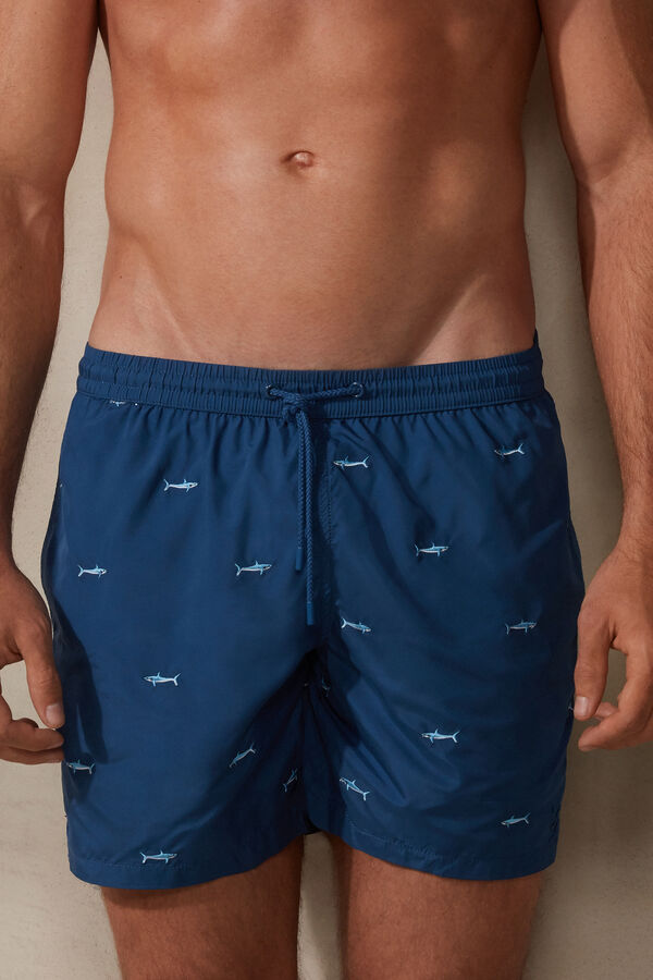 Embroidered Shark Swim Trunks