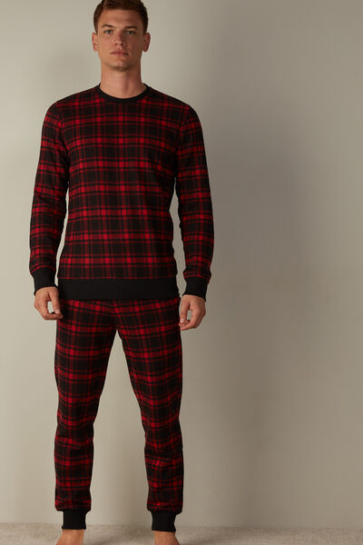 Kırmızı/Siyah Ekose Desenli Uzun Örgü Pijama
