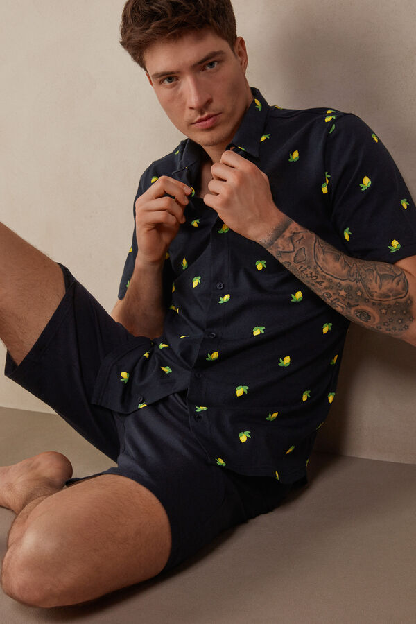 Short Cotton Button-Up Pyjamas with Lemon Print