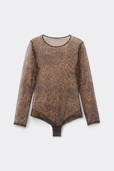 Always Glamorous Animal Print Long-Sleeved Tulle Bodysuit