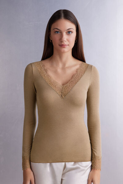 Camiseta con encaje de manga larga en modal y cashmere ultraligero