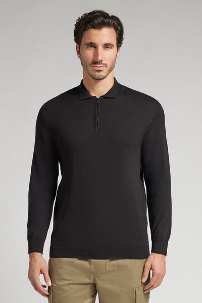 Long-Sleeved Zip-Up Jersey Polo Shirt