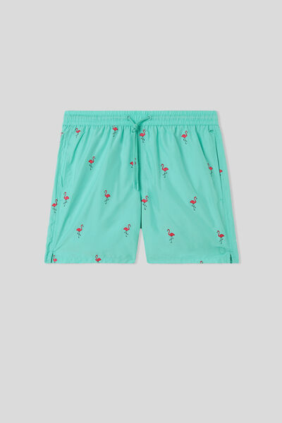 Swim Trunks with Embroidered Flamingos