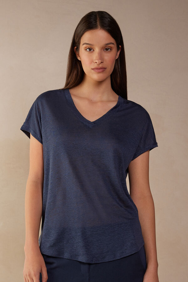 Short-sleeved Linen Top with V Neck