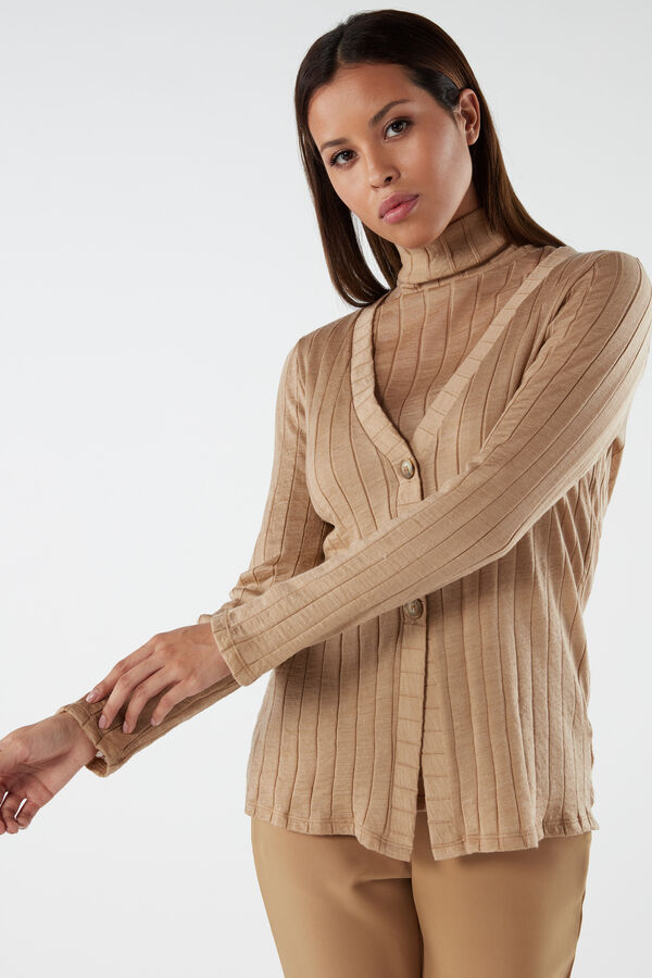 Buttoned Wool and Silk Ribbed Cardigan