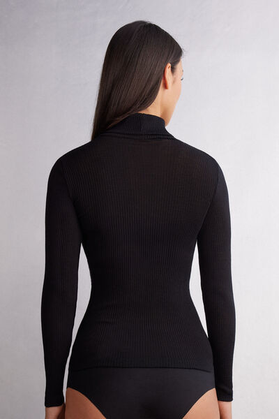 Long-sleeve High-Neck Tubular Top in Wool and Silk