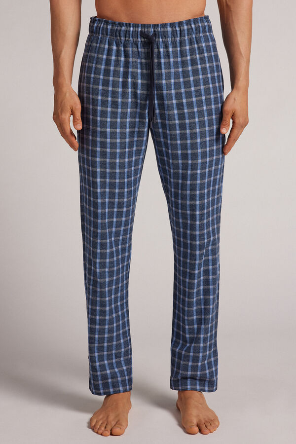 Full-Length Check Pattern Brushed Plain-Weave Pants