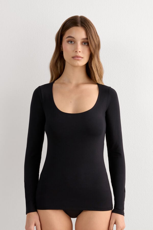 Long-sleeve micromodal scoop neck top
