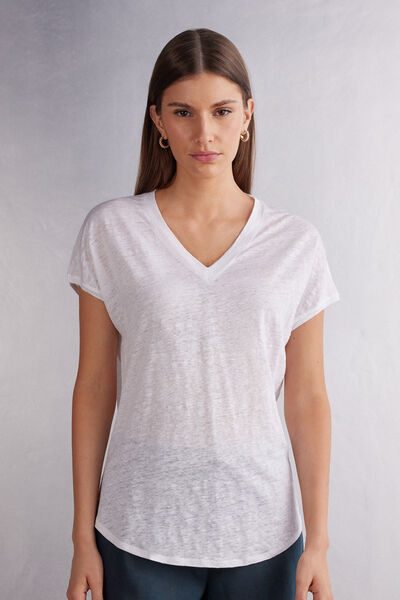 Short-Sleeved Linen Top with V Neck