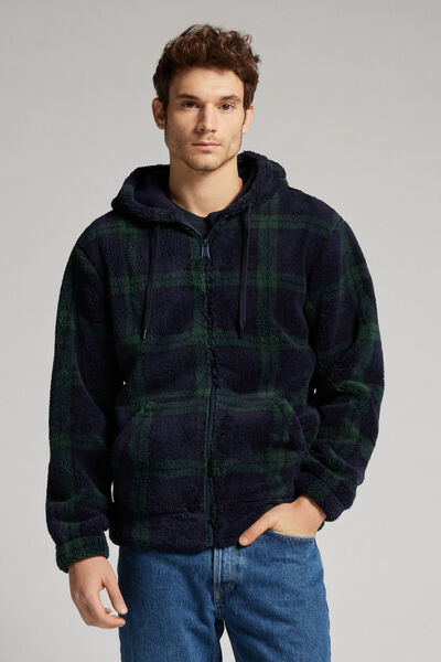 Teddy-Sweatjacke mit Karomuster Blau/Grün