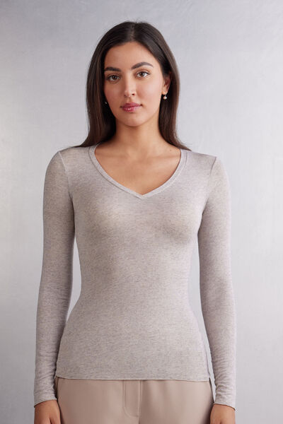 Camiseta de Cuello de Pico de Modal Ultraligero con Cashmere