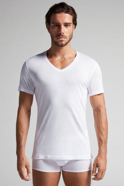 T-Shirt à Manches Courtes et Col en V en Coton Supima® Extra-Fin