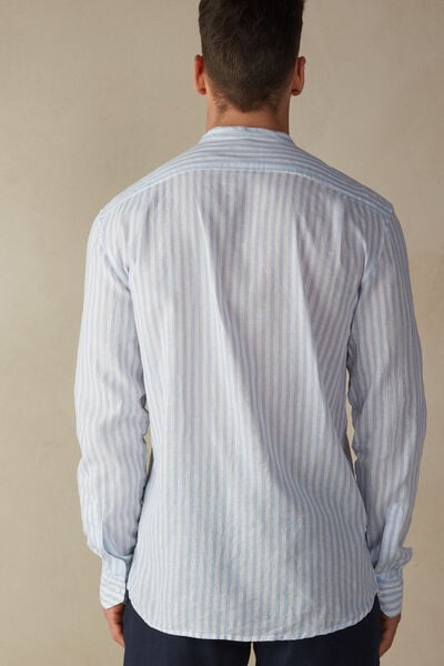 Camisa con Cuello Mao de Lino y Algodón de Rayas Azul Claro