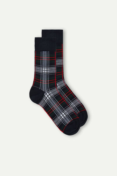 Krátke Ponožky z Hrejivej Bavlny s Károvaným Vzorom Biela/Červená/Modrá