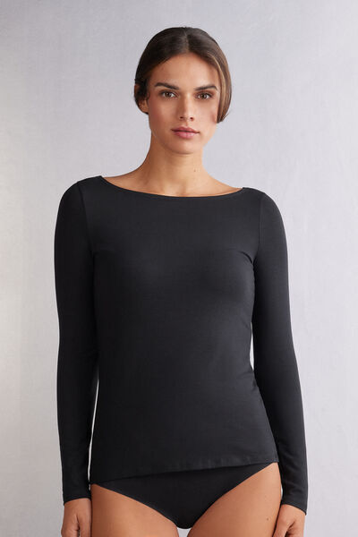 Long-Sleeved Boat-Neck Micromodal Top