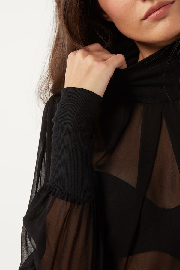 Puff Sleeved Turtleneck Silk Shirt