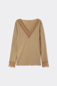 T-shirt manches longues en cachemire et dentelle
