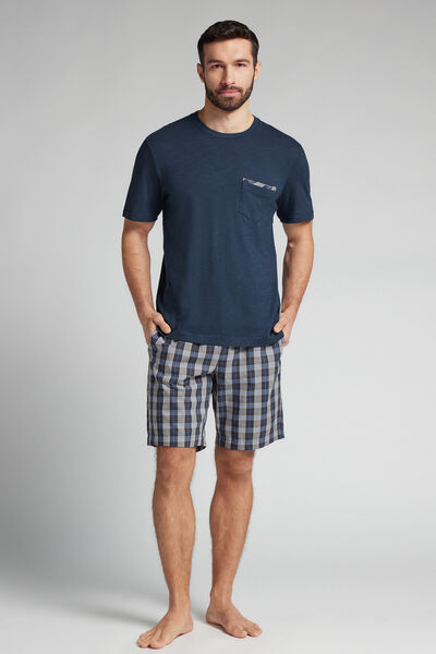 Short Checked Denim Plain-Weave and Cotton Pyjamas