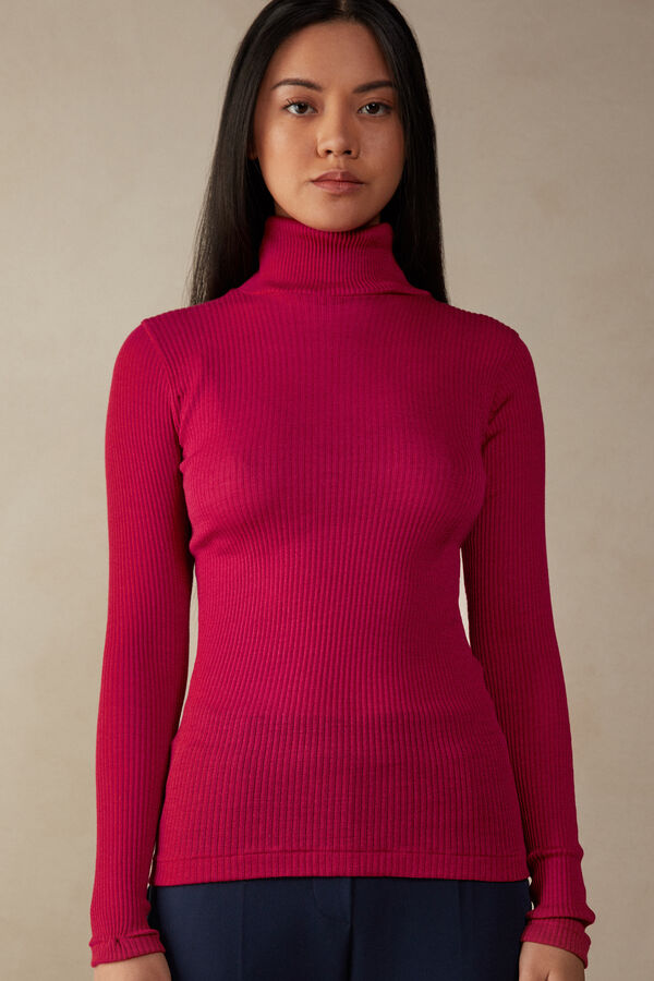 Long-sleeve High-Neck Tubular Top in Wool and Silk