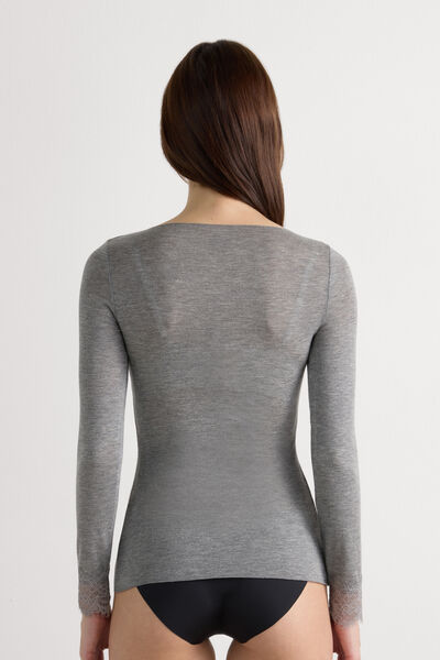T-shirt manches longues en cachemire et dentelle