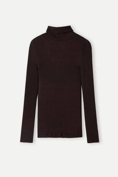 Long-sleeve High-Neck Tubular Top in Wool and Silk