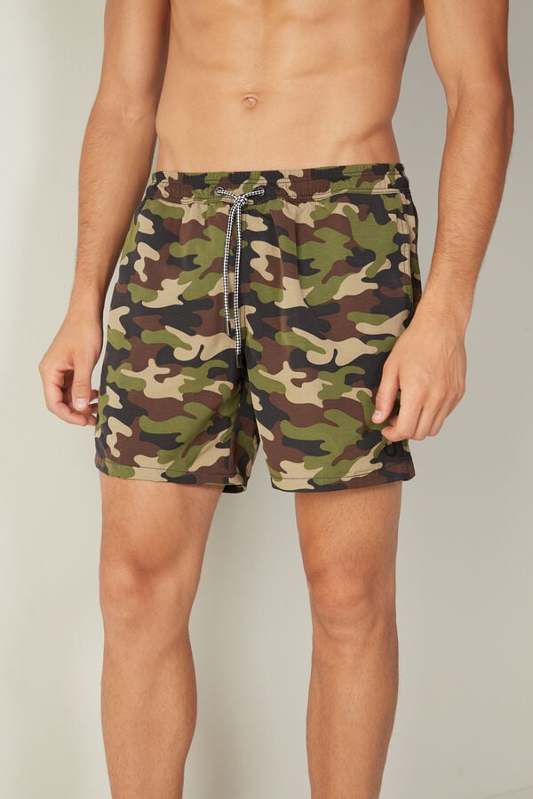 Mid-Length Green Camouflage Print Swim Shorts