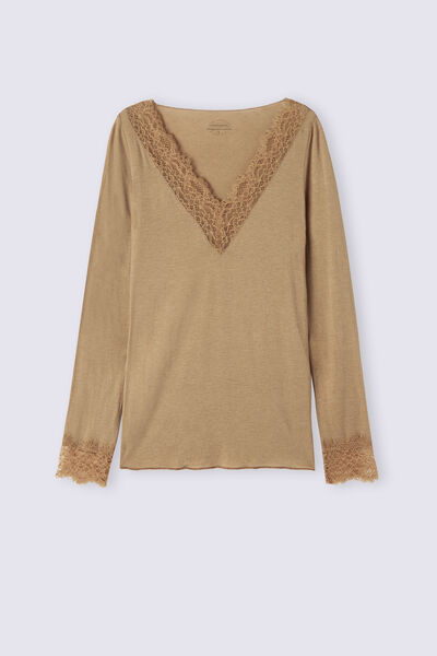 Camiseta con encaje de manga larga en modal y cashmere ultraligero