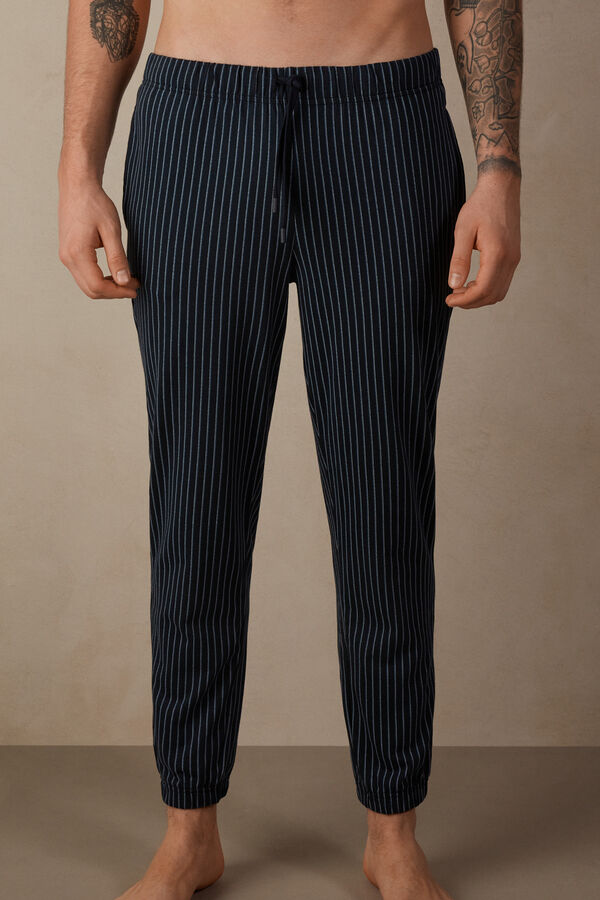 Blue Pinstripe Cotton Full-Length Trousers