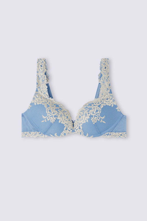 Shyle Cerulean Blue Rose Print Push Up Bra With Pleated Cups - 40B
