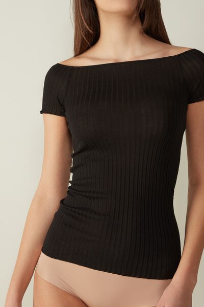 Short-Sleeved Off-The-Shoulder Tubular-Knit Silk and Cotton Top