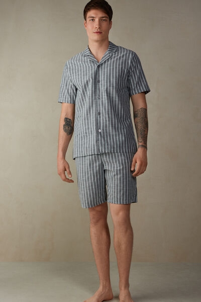 Short Button Up Pajamas in Striped Plain Weave Cotton