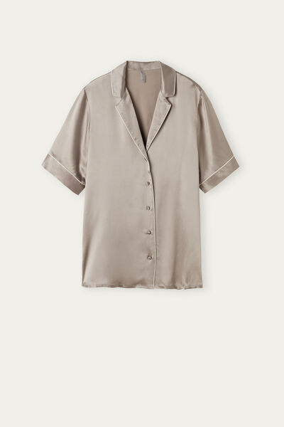 Short-Sleeved Satin Shirt with Contrasting Trim