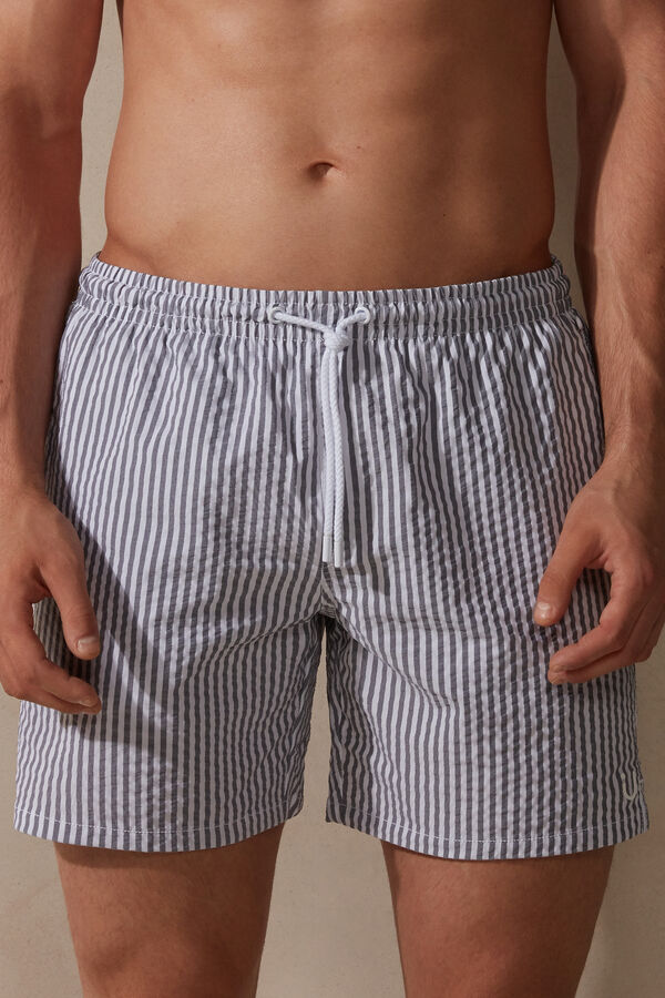 Stripe Print Seersucker Swim Trunks