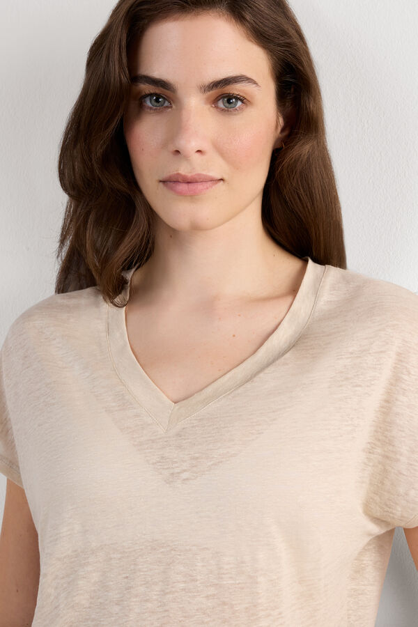 Lniana Bluzka z Krótkim Rękawem i Dekoltem w Serek The Pure Linen