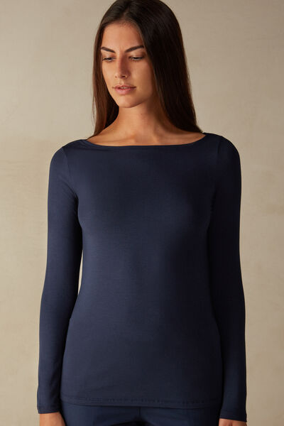 Long-Sleeved Boat-Neck Micromodal Top