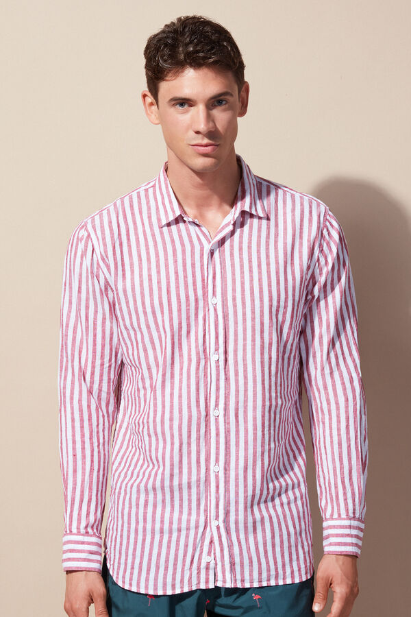 White/Red Striped Linen and Cotton Shirt