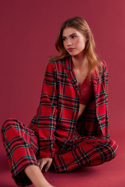 Full-Length Red Tartan Brushed Plain-Weave Pyjamas