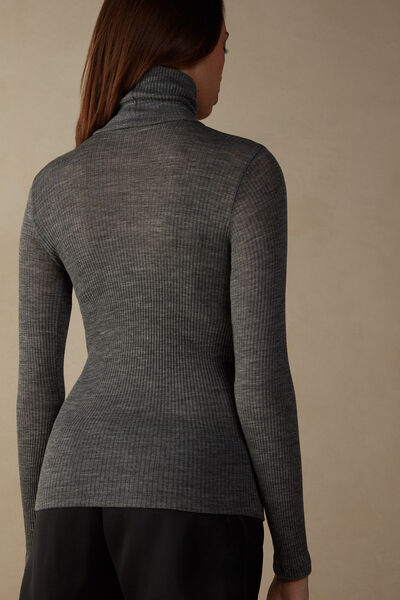 Long-sleeve High-Neck Tubular Top in Wool and Silk