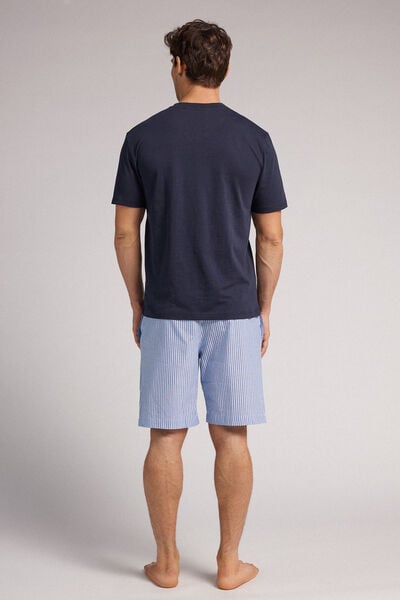 Pijama Curto com Calções em Tecido às Riscas Azul