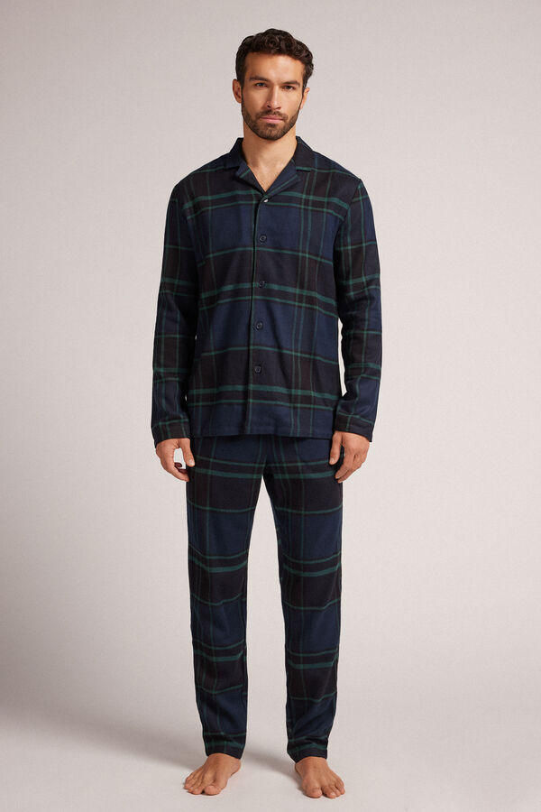 Checked Brushed Cotton Canvas Pyjamas with Full-Length Bottoms and Button-Up Top