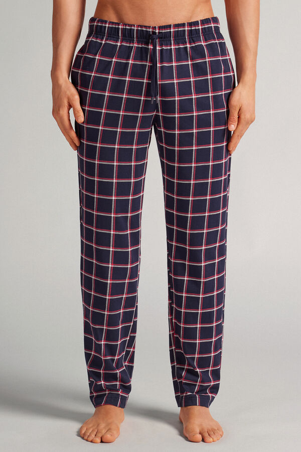Full-Length Blue/White/Red Check Print Cotton Trousers