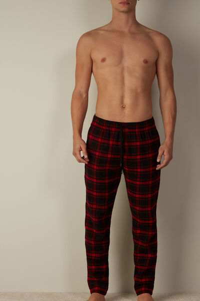 Red/Black Check Brushed Plain-Weave Trousers
