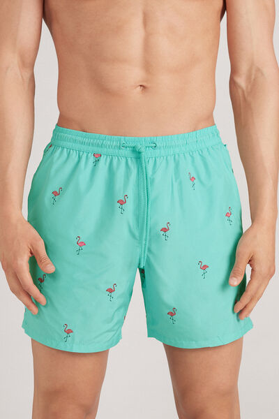 Swim Trunks with Embroidered Flamingos