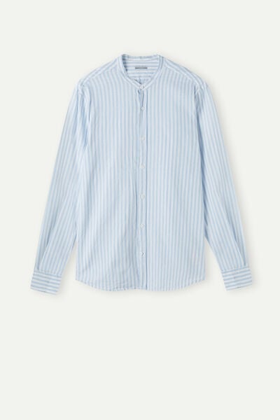 Camicia Collo Coreana in Lino e Cotone Righe Azzurro