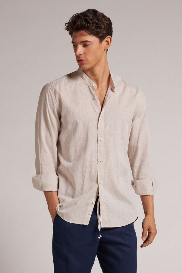 Camicia Collo Coreana in Lino e Cotone