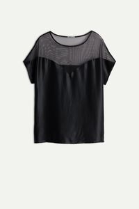 Short-Sleeved Silk and Modal Top with Tulle Yoke
