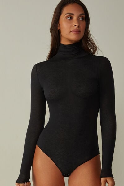 High Collar Bodysuit in Modal Ultralight with Cashmere