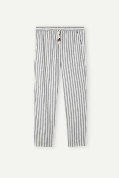 Pantalone Lungo in Lino e Cotone a Righe Blu