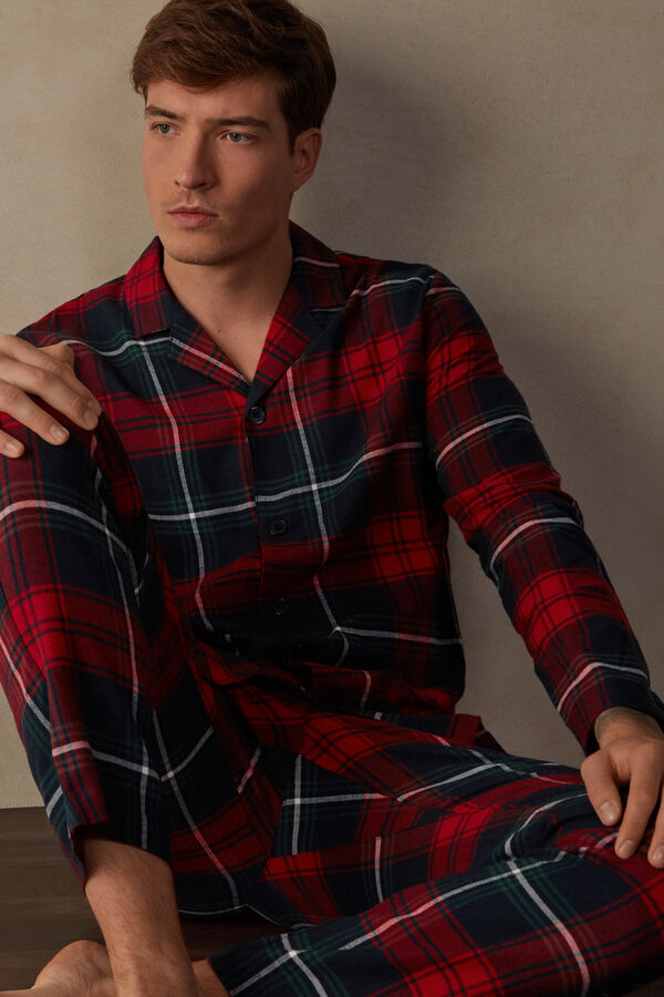 Pijama Comprido Tartã Vermelho em Tela de Algodão Escovada