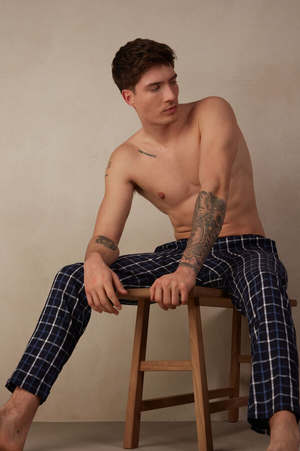 Blue Check Pattern Cotton Canvas Full-Length Pants